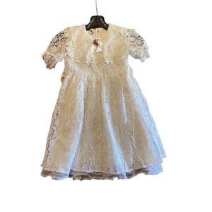 6221 BestKids VTG White Lace Girls short sleeve dress size 4 Button back